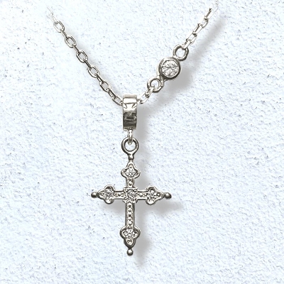 PETITE GOTHIC CROSS NECKLACE white gold / champagne gold