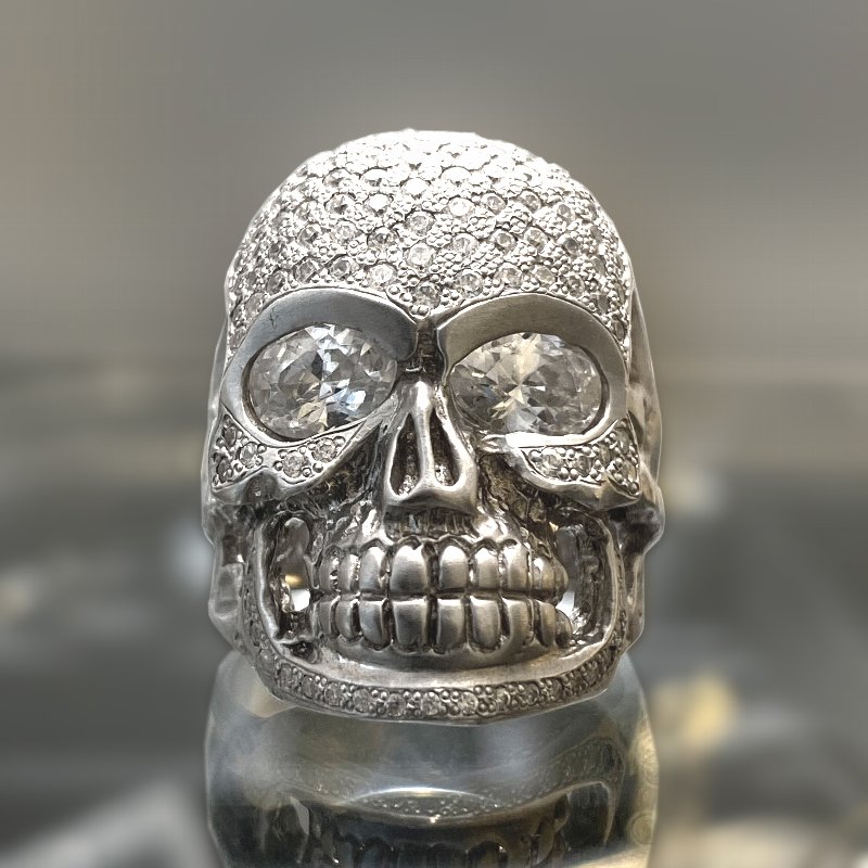 GIANT SKULL HEAD RING/IRREGULAR PAVE/White Gold/Platinum Ring