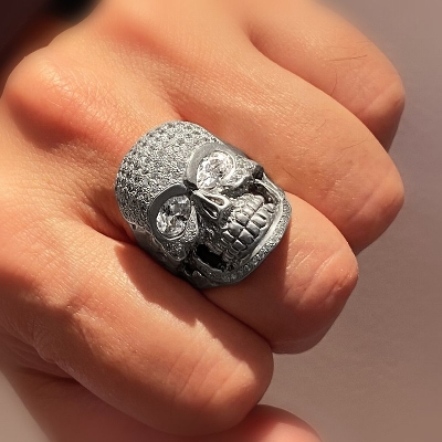 Giant Skull Head All Pave Ring White Gold