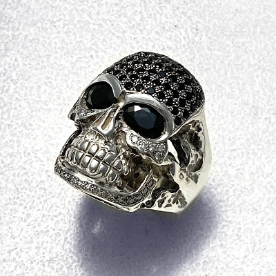 GIANT SKULL HEAD RING / IRREGULAR PAVE / Silver / Black Zirconia and Diamonds