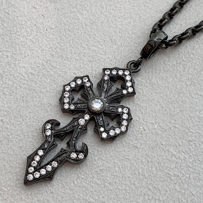 ELONGATED QUARTERFOIL CROSS/FDL BOTTOM BAIL PENDANT/ZIRCONIA BLACK RUTHENIUM