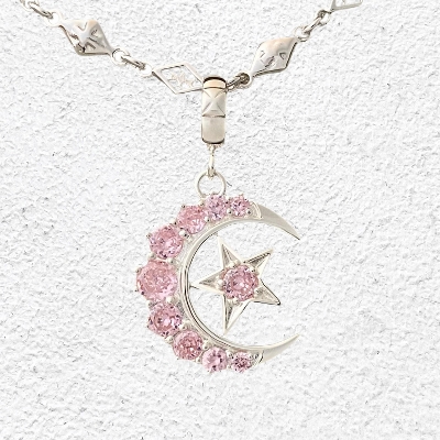 MEDIUM CRESCENT MOON / STAR PENDANT Silver / Pink Zirconia