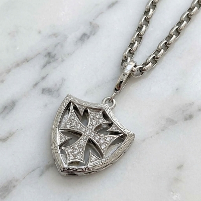 SMALL CROSS SHIELD PENDANT / Silver / PAVE ZIRCONIA 