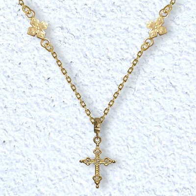 PETITE GOTHIC CROSS w/6 Princess cross charm on chain