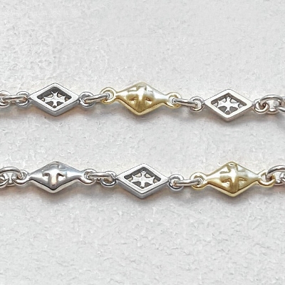 MIX DIAMOND SHAPED / CROSS OPEN / SOLID LINK CHAIN / 18k Yellow Gold and Silver / 7inch(18cm)