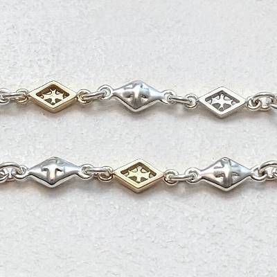 MIX DIAMOND SHAPED / CROSS OPEN / SOLID LINK CHAIN / 18k Yellow Gold and Silver / 7inch(18cm)