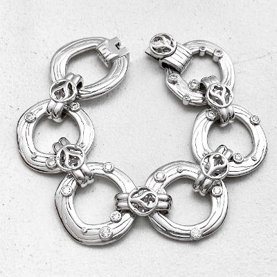 LARGE NATURE RING Silver LINK BRACELET / Zirconia