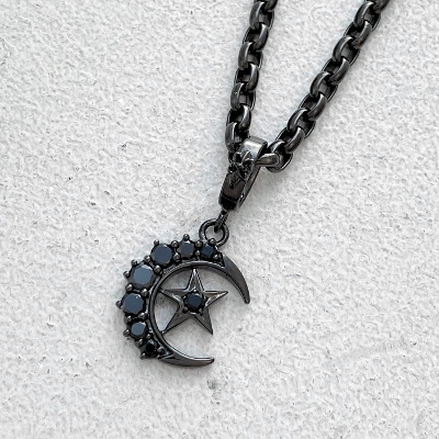 CRESCENT MOON/STAR PENDANT/BLACK ZIRCONIA/BLACK RUTHENIUM