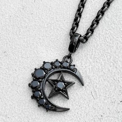 MEDIUM CRESCENT MOON/STAR PENDANT/BLACK RUTHENIUM