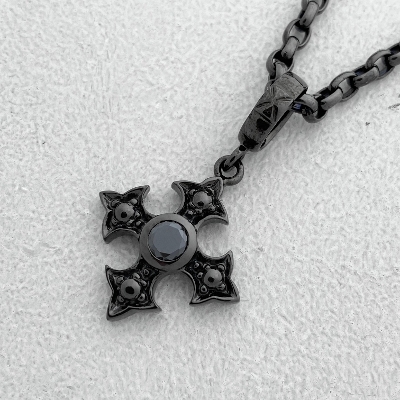 LARGE FANCY CROSS PENDANT / SILVER / BLACK ZIRCONIA / BLACK RUTHENIUM